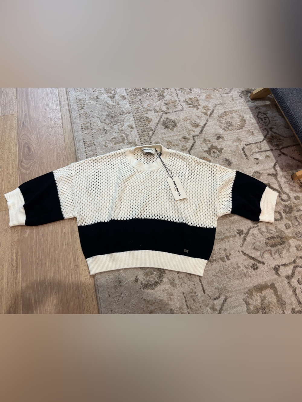 Sonia Rykiel NWT Cream and Black Open-Knit Striped Crewneck Sweater
